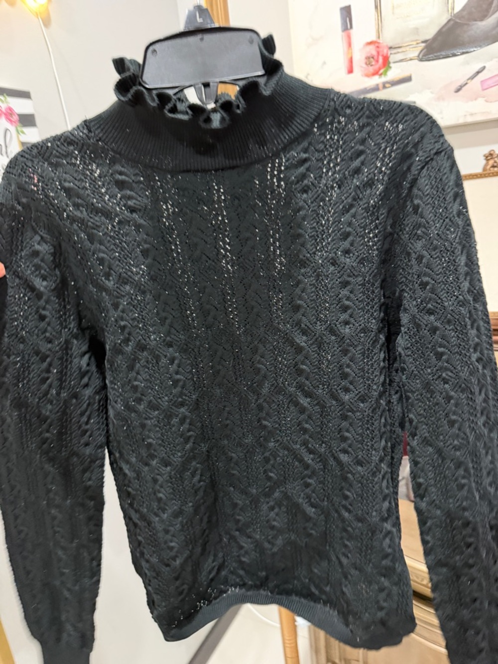 Black Cable Knit Ruffle Turtleneck Sweater